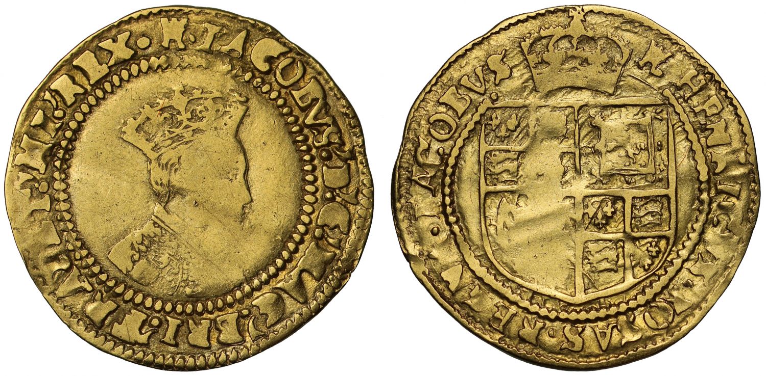 James I gold Britain Crown Second Coinage, with I and R omitted on reverse