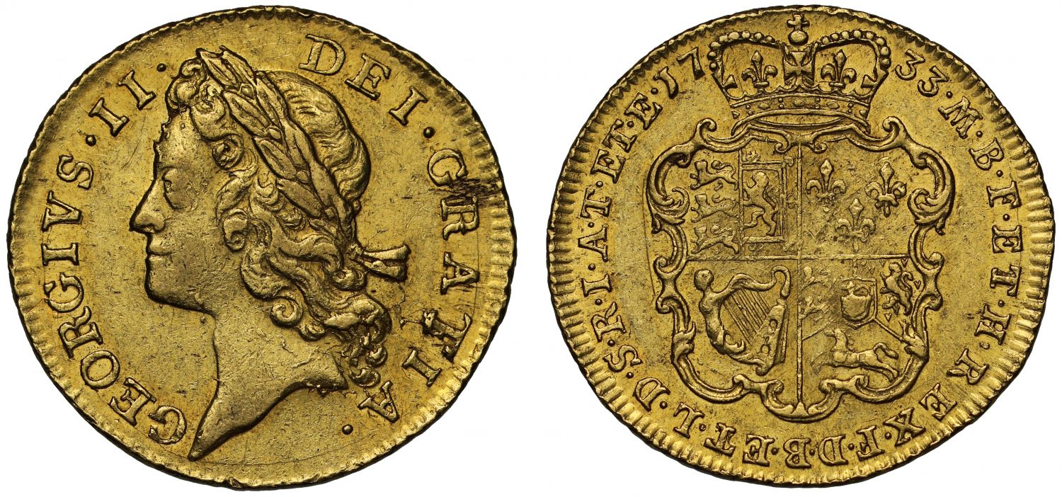 George II 1733 Guinea, young head, the year hammered gold was finally called in