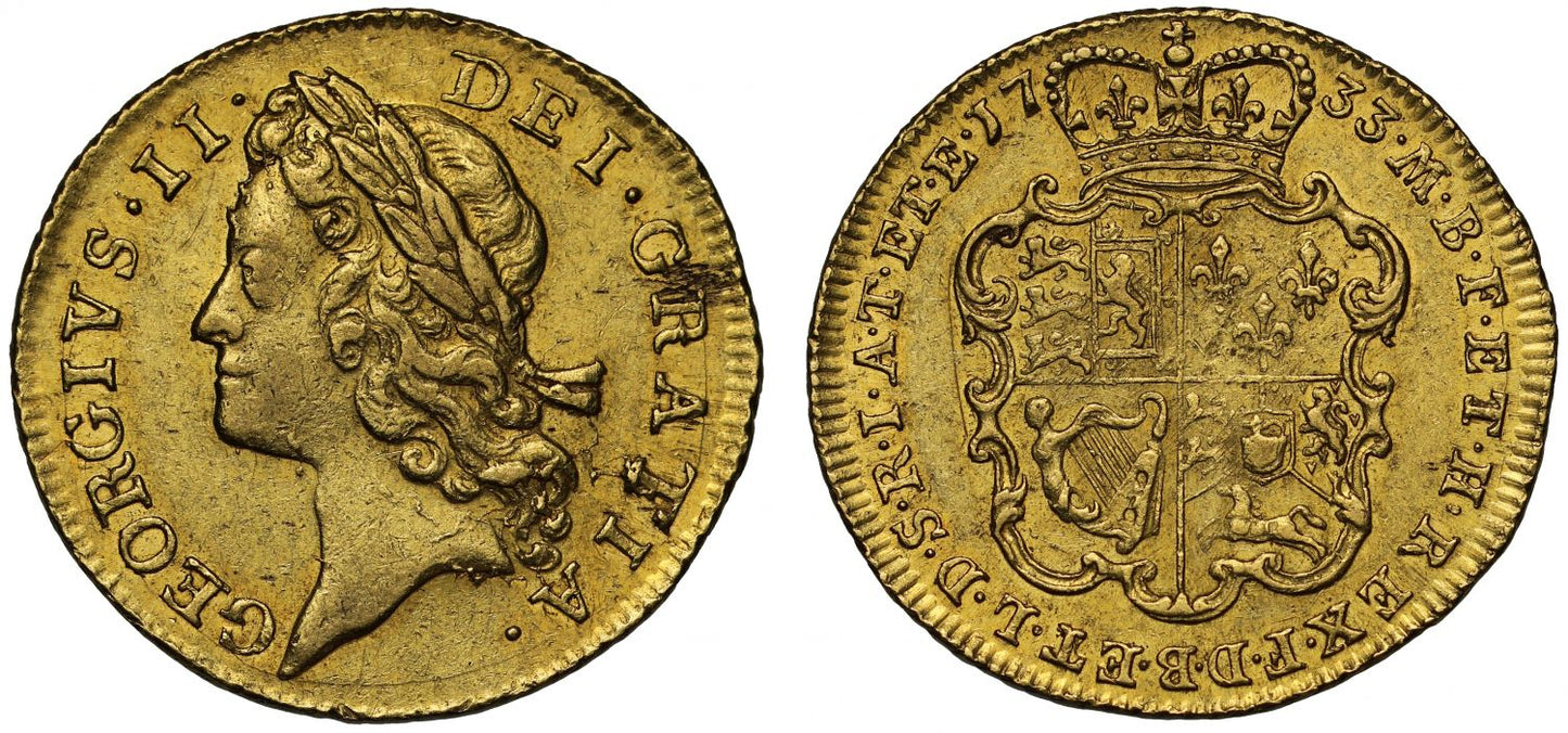 George II 1733 Guinea, young head, the year hammered gold was finally called in