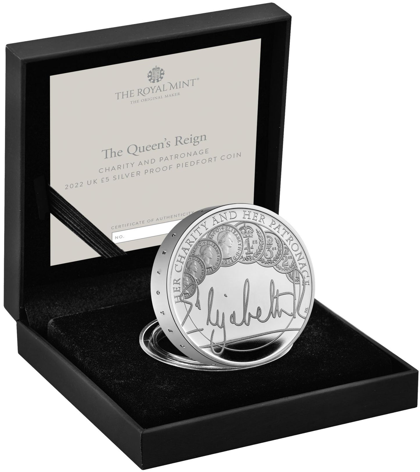 Elizabeth II 2022 silver proof £5 piedfort Queens Reign Charity and Patronage
