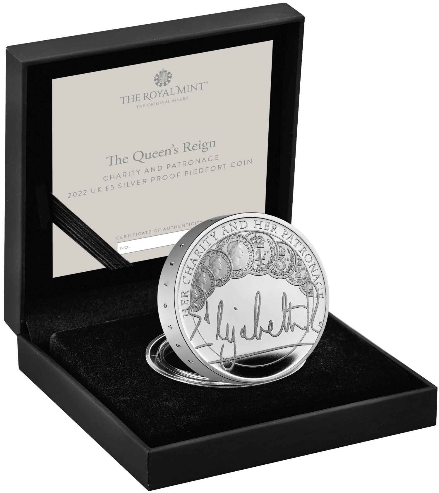 QEII 2022 silver proof £5 piedfort Queens Reign Charity and Patronage