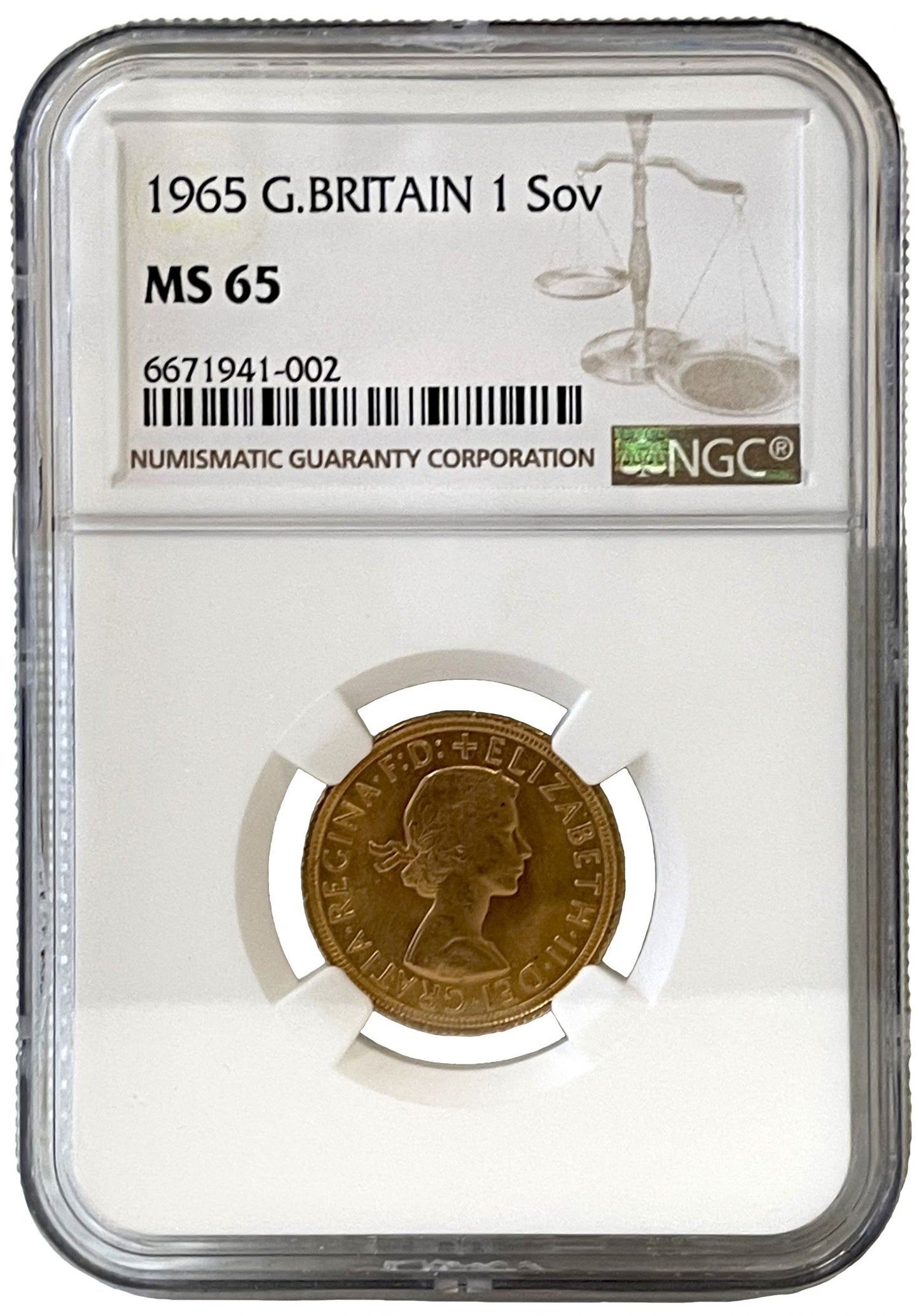 Elizabeth II 1965 Gillick Sovereign MS65, First Portrait