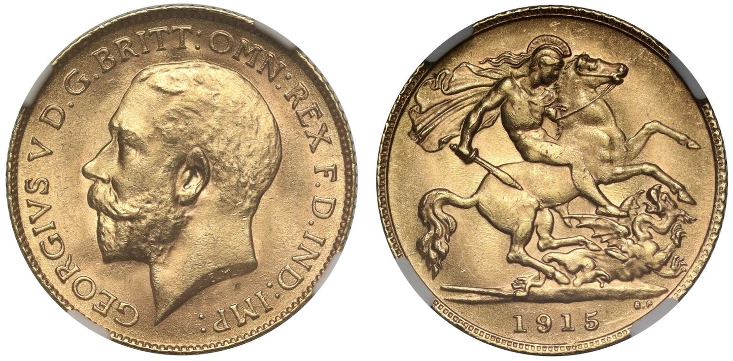 George V 1915 Half-Sovereign MS63, last year for London half in the reign