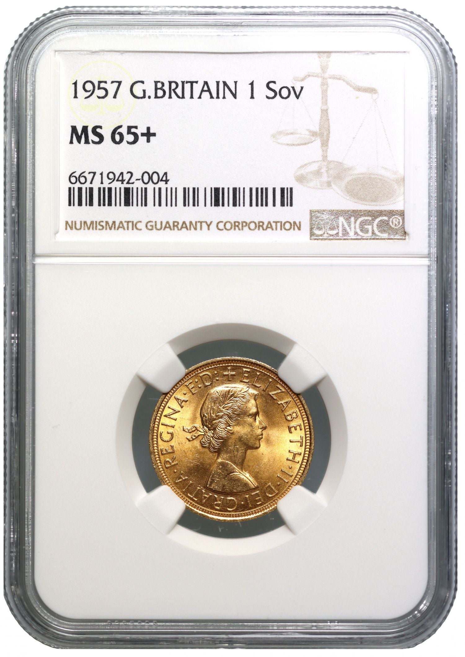 Elizabeth II 1957 Sovereign, MS65+, young head by Mary Gillick