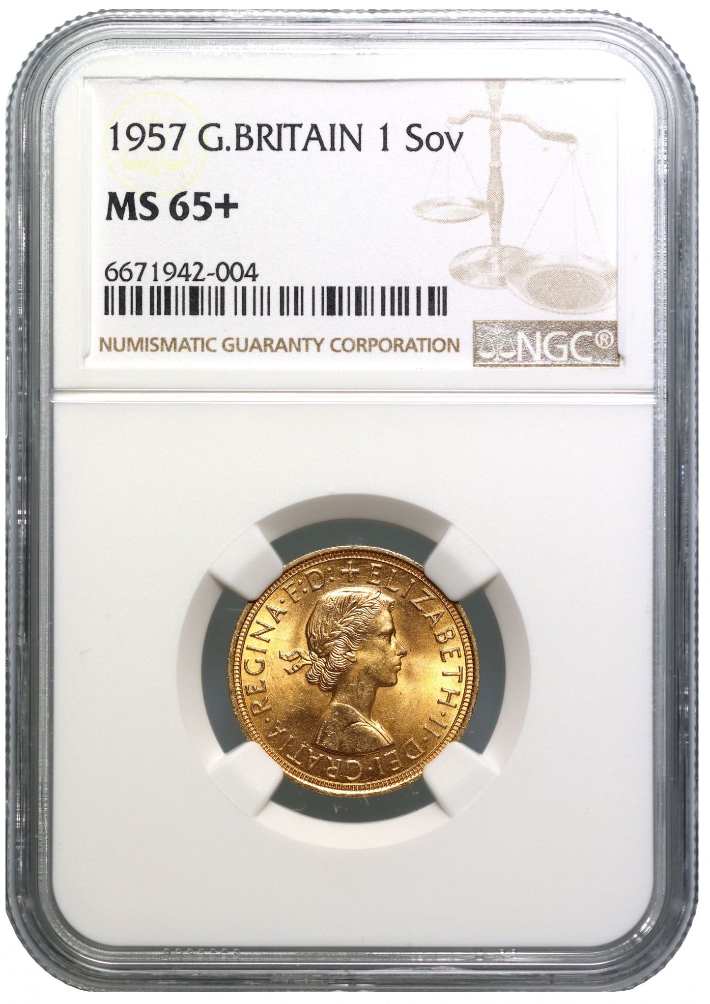 Elizabeth II 1957 Sovereign, MS65+, young head by Mary Gillick