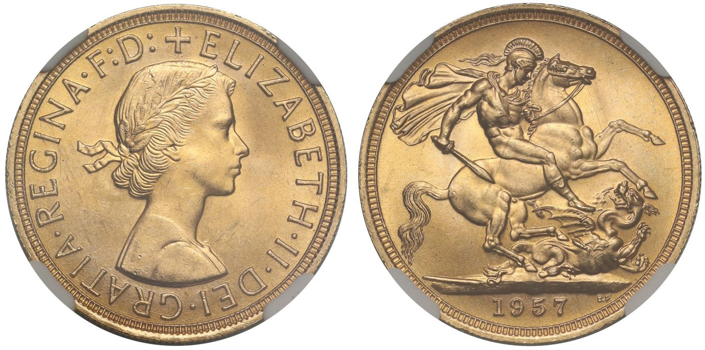 Elizabeth II 1957 Sovereign, MS65+, young head by Mary Gillick