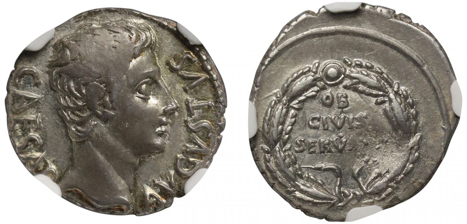 Augustus, silver Denarius, NGC AU 2/5 5/5