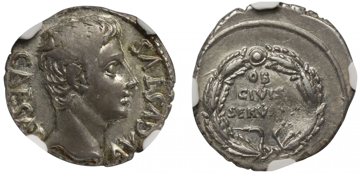 Augustus, silver Denarius, Colonia Patricia, AU 2/5 5/5.