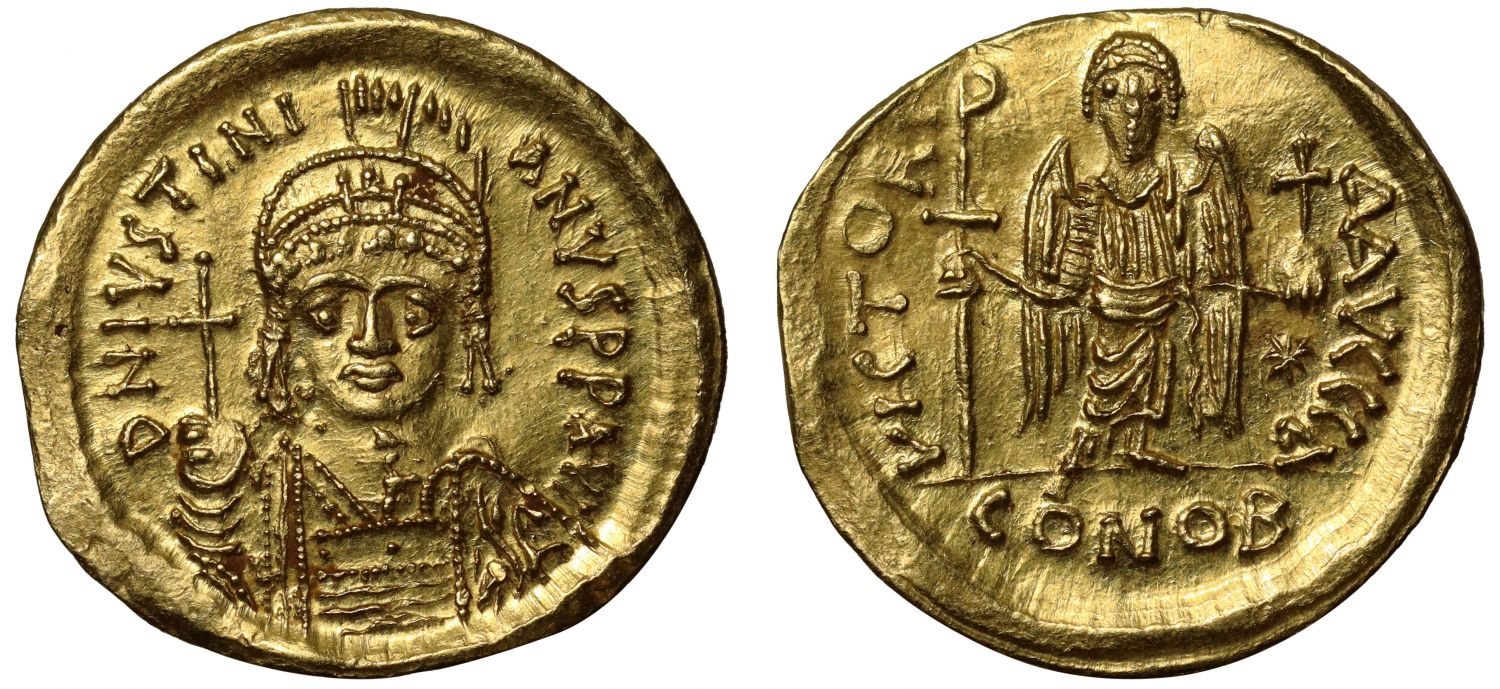 Justinian I, gold Solidus, officina A.